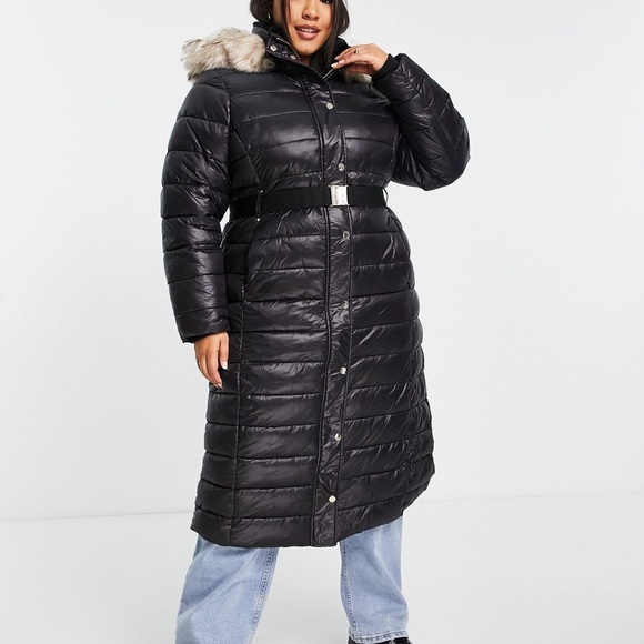 River Island Women's Longline Padded Jacket with Faux-Fur Hood